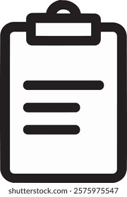 A modern black clipboard icon on a clean white background. It features a rectangular board with a bold clip at the top and subtle paper detailing, creating a minimalist yet professional look.