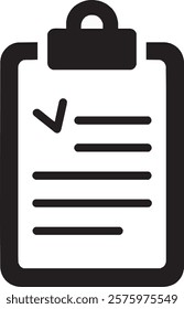 A modern black clipboard icon on a clean white background. It features a rectangular board with a bold clip at the top and subtle paper detailing, creating a minimalist yet professional look.