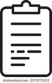 A modern black clipboard icon on a clean white background. It features a rectangular board with a bold clip at the top and subtle paper detailing, creating a minimalist yet professional look.