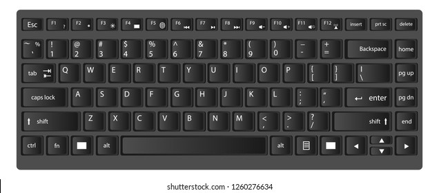 Modern black computer keyboard , Realistic buttons layout of laptop isolated on white background , Vector illustration