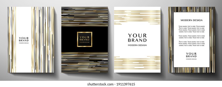 Modern black cover design set. Luxury creative line pattern in premium colors: black, gold, silver and white. Formal vector layout background for notebook cover, business catalog, brochure template