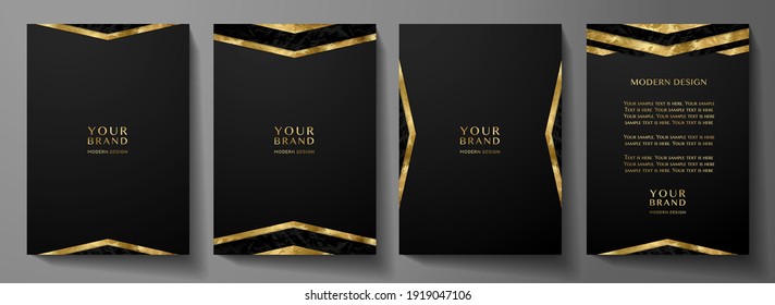 Modern black cover design set with gold geometric lines (triangle). Luxury creative premium pattern backdrop. Formal vector background template for business brochure, certificate, diploma, invite