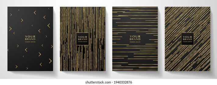 Modern black cover design set. Luxury dynamic gold line pattern. Creative premium stripe vector background for business catalog, brochure cover template, notebook, invite