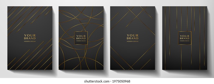 Modern black cover design set. Luxury dynamic gold circle, line pattern. Creative graphic: premium stripe vector background for business catalog, contemporary brochure, notebook template