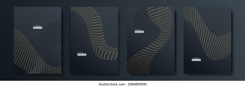 Modern black cover design set. Luxury creative line pattern in premium colors: black, gold and white. Formal vector for notebook cover, business poster, brochure template, magazine layout