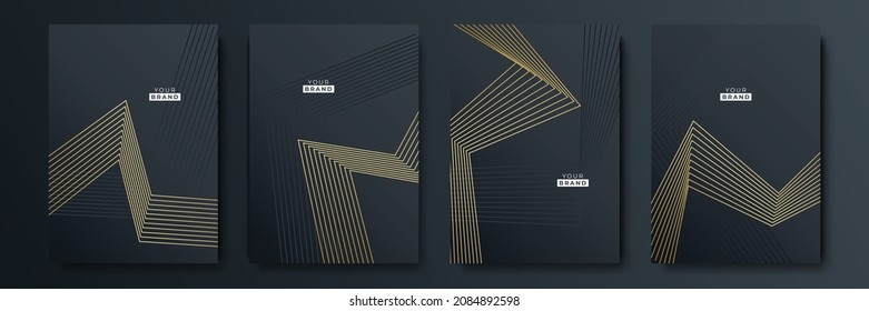 Modern Black Cover Design Set. Luxury Creative Line Pattern In Premium Colors: Black, Gold And White. Formal Vector For Notebook Cover, Business Poster, Brochure Template, Magazine Layout