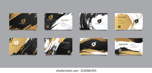 Modern black cover design set. Creative art pattern with gold brush stroke, paint drop (spot) on black background. Luxe artistic vector collection for notebook, flyer, poster, brochure template