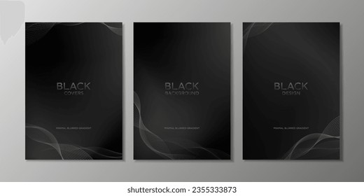 Modern black cover design set. Luxury creative line pattern in premium colors: black and gray. Formal vector layout for notebook, business catalog, brochure template, poster