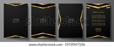 Modern black cover design set with gold geometric lines (triangle). Luxury creative premium pattern backdrop. Formal vector background template for business brochure, certificate, diploma, invite