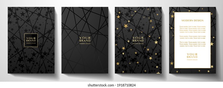 Modern black cover, frame design set. Luxury holiday creative line pattern and golden stars. Vector luxe collection background for Christmas invite, planner, notebook, brochure cover, holiday catalog