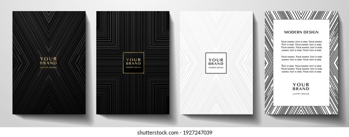 Modern black cover, frame design set. Luxury creative line pattern in premium colors: black, gold and white. Formal vector layout useful for notebook cover, business poster, brochure template