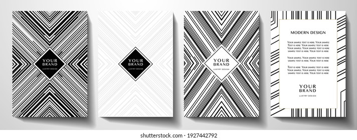 Diseño moderno de la cubierta de rayas negras. Patrón de línea geométrica en colores: blanco y negro. Fondo de vector premium para folletos de negocios, afiche, bloc de notas, plantilla de menú 