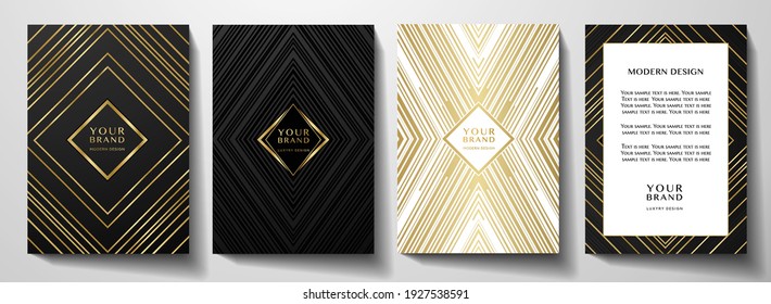 Modern black cover, frame design set. Luxury creative line pattern in premium colors: black, gold and white. Formal vector layout useful for notebook cover, business poster, brochure template