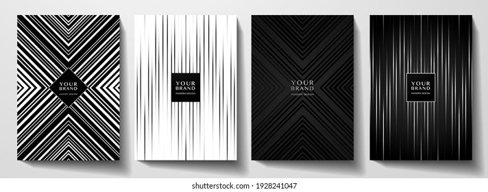 Modern black cover, frame design set. Geometric creative line pattern in premium colors: black and white. Formal vector layout useful for notebook cover, business poster, brochure template