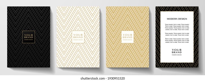 Modern black cover, frame design set. Luxury creative line pattern (herringbone ornament) in premium colors: black, gold and white. Formal vector layout for notebook cover, business poster, brochure