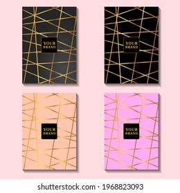 Modern black cover, frame design set. Luxury creative line pattern in premium colors: black, gold, pink . Vector layout useful for notebook cover, business poster, brochure template