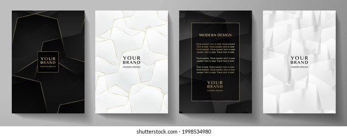 Modern black cover, frame design set. Luxury geometric pattern in black, white, gold colour. Creative premium stripe vector background for business catalog, brochure template, notebook, invite