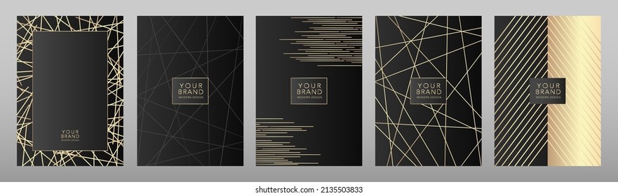 Conjunto moderno de diseño de marco de cubierta negra. Lujoso patrón de línea creativa en colores negro y oro premium. Vector formal para planilla de folleto, diseño de revista, portada de cuaderno, afiche comercial, catálogo ecológico.