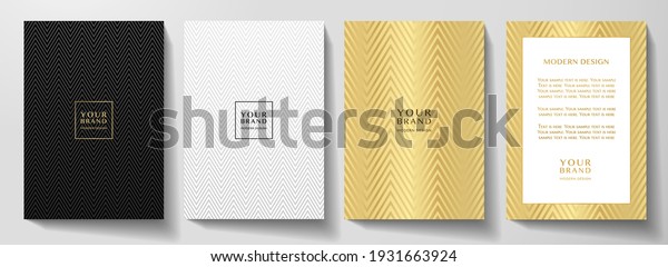 Modern black cover, frame design set. Luxury\
creative line pattern (herringbone ornament) in premium colors:\
black, gold and white. Formal vector layout for notebook cover,\
business poster,\
brochure