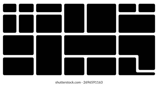 Iconos negros oscuros modernos de la rejilla del bento fijados en el fondo blanco. Rejilla de Vector aislada de Bento establecida en página blanca. Iconos modulares Abstractas de la rejilla de Bento. EPS 10. 