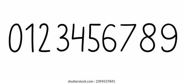 Modern black digits numbers font from 0 to 9 font collection. Vector illustration in doodle hand drawn style isolated on white background. For business, logo, design.