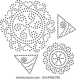Modern Black Dotted Abstract Design Pattern Made Up of Circles, Triangles And Hearts. Can be used as a pattern for fabric, embroidery, card, cover, carpet, curtain, background, bags or as a decoration