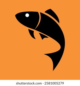 Modern black fish silhouette on vibrant orange background. Perfect for logos, branding, seafood, fishing, or aquatic-themed projects. Clean and minimalist vector design.