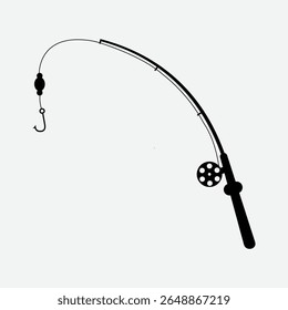 Moderno vetor de silhueta de vara de pesca preta. Ideal para pesca oceânica, turismo, logotipo spinnerbait, equipamentos ao ar livre e projetos de design com tema de relaxamento. Formatos EPS, AI, PNG disponíveis.