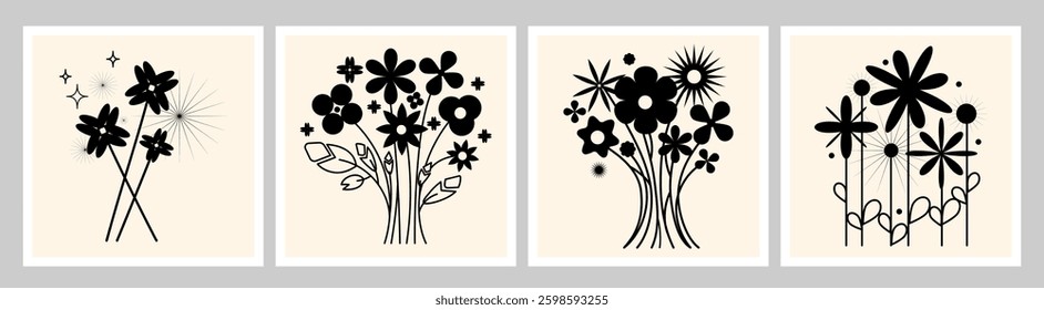Modern black floral silhouette set with abstract flowers, and geometric elements. Minimalist botanical compositions with a contemporary Retro aesthetic wall art, prints, decor,design projects. Vector 
