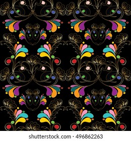 Modern black floral  vector seamless pattern background wallpaper illustration with vintage decorative colorful 3d paisley flowers, leaves and ornaments.