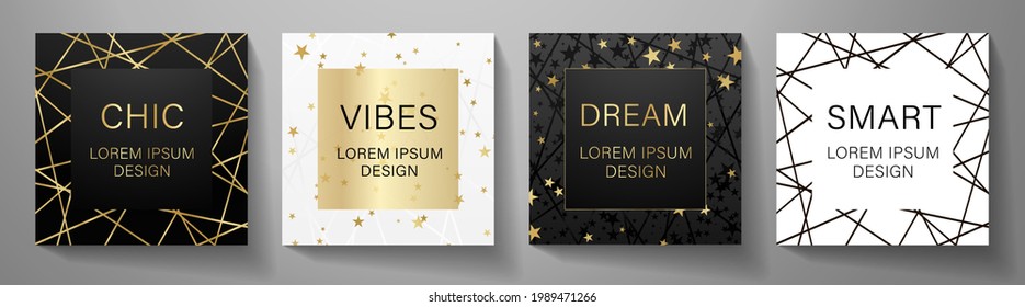 Modern black frame - square design set. Luxury creative line pattern and golden stars for holiday banner. Vector luxe collection background