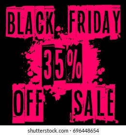 Modern Black Friday 35% sale vector banner, decoration, poster, vintage design. Black Friday Sale label, tag concept. Red discount card for Black Friday with grunge black background.35% off label