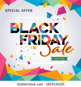 Modern Black Friday banner. Colorful geometric Black Friday Sale template, Abstract black friday ribbon label. advertising banner template. november, special sale, promo poster design. discount tag 