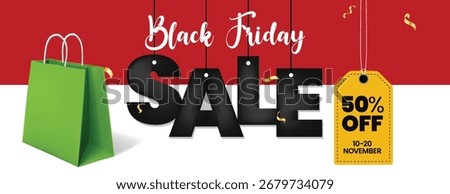 Modern Black Friday Banner Template design for fashion sale Discount Offer, Product Sale Promotion, Advertisement Marketing, Web banner Ads, 3D Shopping Bag, and hanging sale text vector Background