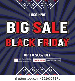 Modern black Friday Big sale banner for social media post template. good for 20% discount web or social media promotion.