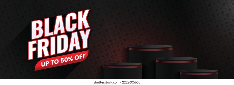 Modern black Friday product showcasing banner template with e-commerce pattern background and 50% discount text. Vector illustration.