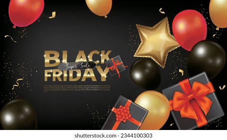 Modern black friday sale background, poster with balloons and gifts