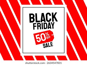 Modern Black Friday sale background with red discount tag, bold text, and striped design. Perfect for e-commerce, marketing, and promotional use.