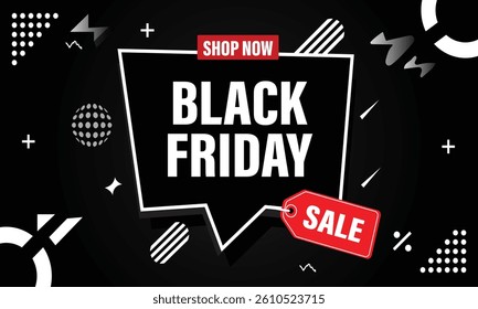 Modern Black Friday sale banner with bold text, red sale tag, and abstract shapes. Perfect for promotions, ads, and online store offers.