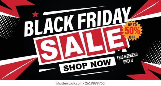 Modern Black Friday sale banner design with bold red typography and discount offer. Perfect for online promotions and digital marketing post.