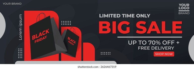 Modern Black Friday sale banner with bold red text, shopping bags, and discount details. Perfect for online ads, stores, and seasonal marketing.

