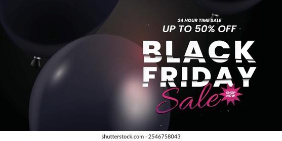 A modern Black Friday sale design with a dark theme, featuring glossy black balloons, soft lighting, and a bold, eye-catching layout with vibrant pink accents.