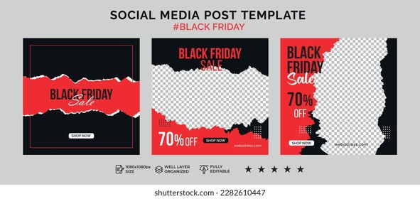 Modern black friday sale social media post template banner collection, sale and discount square banner, Set of Social media post template, Editable Square Banner Design, web banner ads