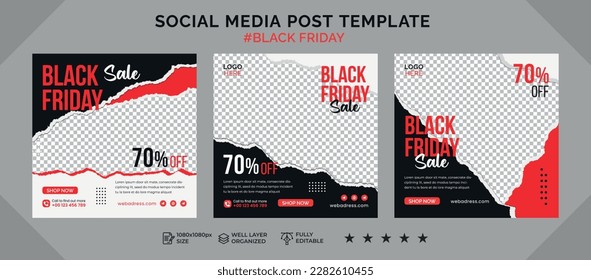 Modern black friday sale social media post template banner collection, sale and discount square banner, Set of Social media post template, Editable Square Banner Design, web banner ads
