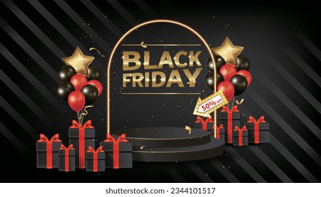 Modern black friday sale stand, background, poster, banner for business sale with balloons and gifts