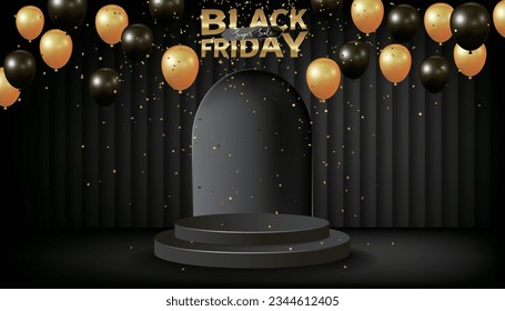 Modern black friday sale stand, background, poster, banner for business sale with balloons and gifts