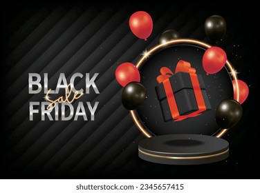 Modern black friday sale stand, background, poster, banner for business sale with balloons and gifts