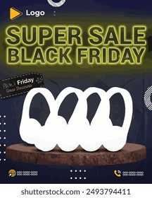 Modern black friday super sale with yellow splash banner design | Black friday social media sale banner design with circle and confetti | Social media post template for black friday discount product 