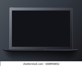 Modern Black Frosted Open Laptop On A Black Background. Realistic Mockup Laptop Front View. Vector Illustration