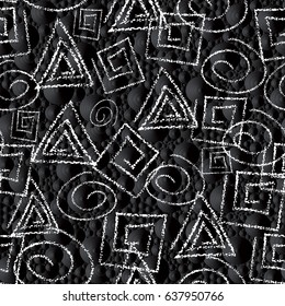 Modern  black geometric seamless pattern. Abstract vector textured background with 3d circles, doddle grunge line art squares, triangles, spirals and tribal ethnic ornaments,  